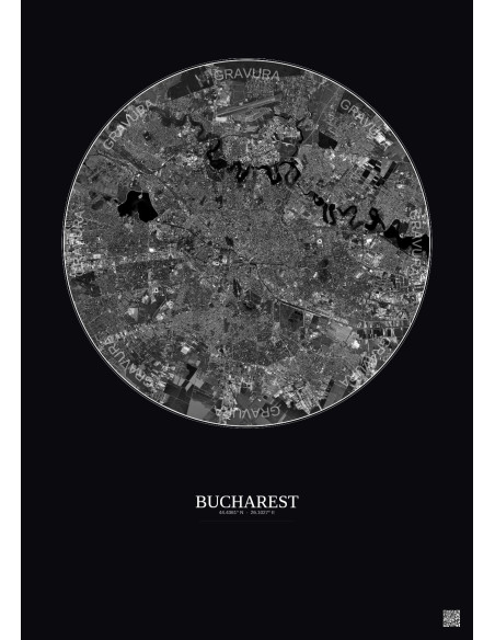 Bucharest Satellite View Poster 10km B&W | Gravura – Dark background