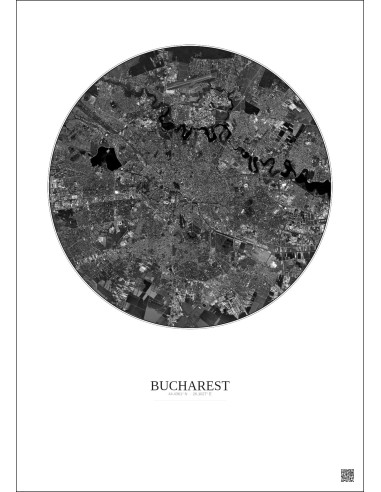 Bucharest Satellite View Poster 10km B&W | Gravura – Light background