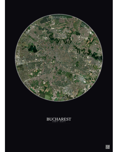 Bucharest Satellite View Poster 10km Color | Gravura – Dark background