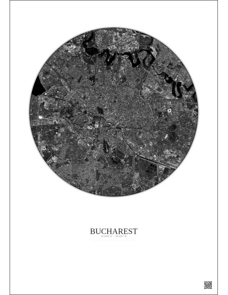 Bucharest Satellite View Poster 6km B&W | Gravura – Light background
