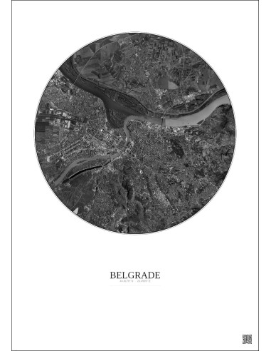 Affiche Belgrade – Poster vue satellite 10km N&B | Gravura – Fond clair