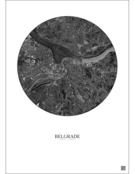 Affiche Belgrade – Poster vue satellite 10km N&B | Gravura – Fond clair