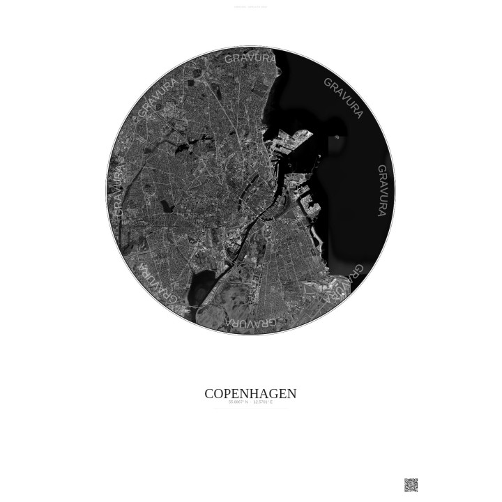 Affiche Copenhagen – Poster vue satellite 10km N&B | Gravura – Fond clair