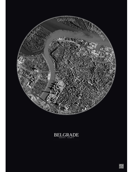 Affiche Belgrade – Poster vue satellite 2.5km N&B | Gravura – Fond foncé
