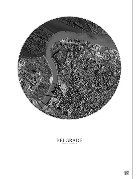 Affiche Belgrade – Poster vue satellite 2.5km N&B | Gravura – Fond clair