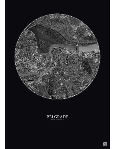 Affiche Belgrade – Poster vue satellite 6km N&B | Gravura – Fond foncé