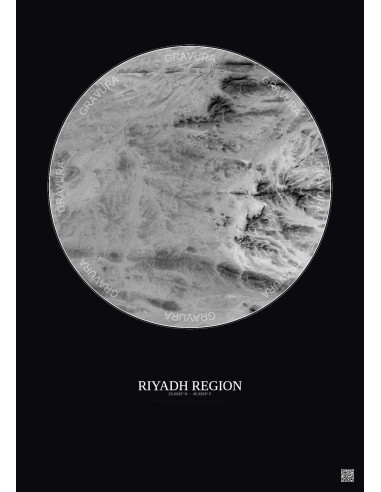 Affiche Riyadh Region – Poster vue satellite 2.5km N&B | Gravura – Fond foncé
