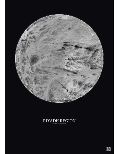 Affiche Riyadh Region – Poster vue satellite 6km N&B | Gravura – Fond foncé