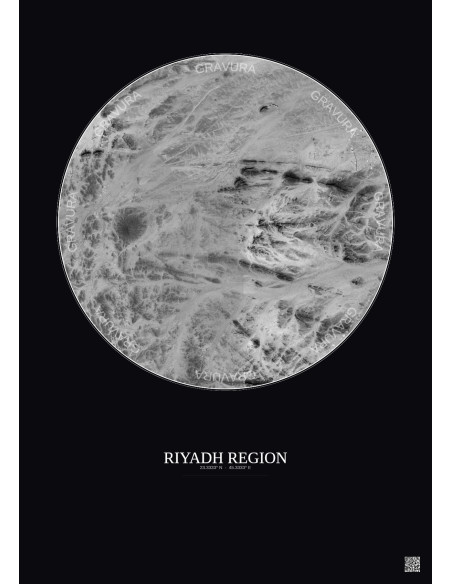 Affiche Riyadh Region – Poster vue satellite 6km N&B | Gravura – Fond foncé