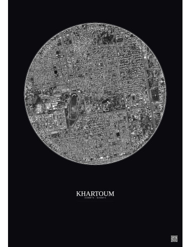Affiche Khartoum – Poster vue satellite 2.5km N&B | Gravura – Fond foncé