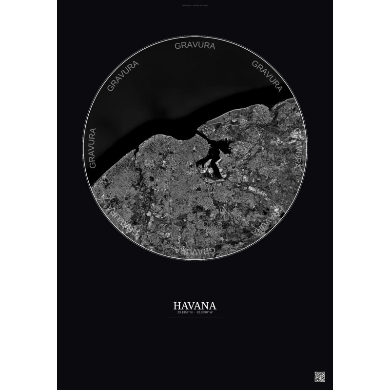 Affiche Havana – Poster vue satellite 10km N&B | Gravura – Fond foncé