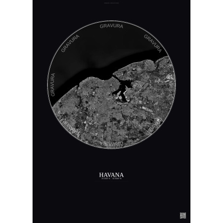Affiche Havana – Poster vue satellite 10km N&B | Gravura – Fond foncé