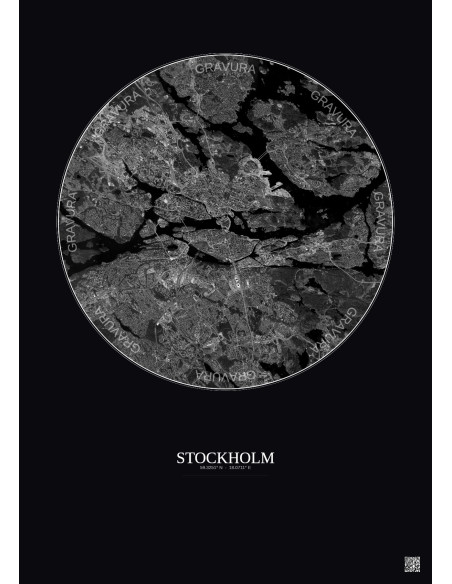 Affiche Stockholm – Poster vue satellite 10km N&B | Gravura – Fond foncé