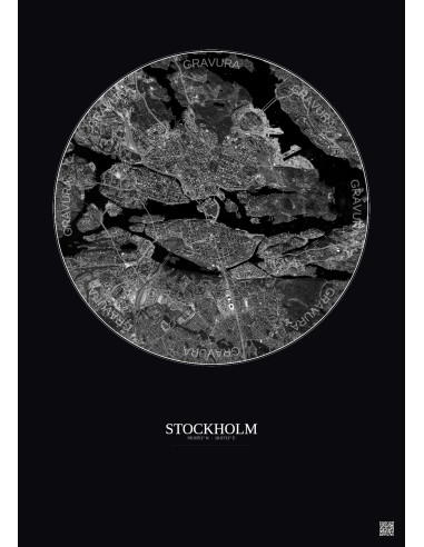 Affiche Stockholm – Poster vue satellite 6km N&B | Gravura – Fond foncé
