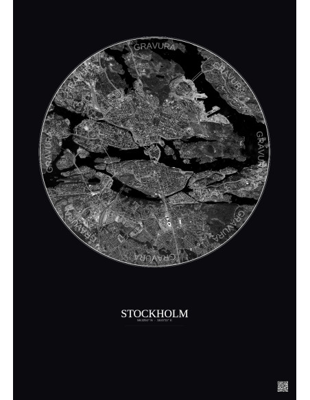 Affiche Stockholm – Poster vue satellite 6km N&B | Gravura – Fond foncé
