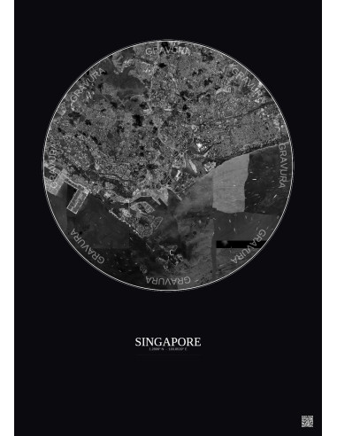 Affiche Singapore – Poster vue satellite 10km N&B | Gravura – Fond foncé