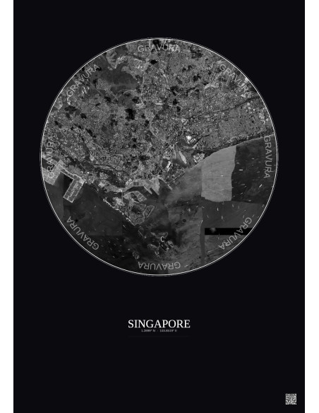 Affiche Singapore – Poster vue satellite 10km N&B | Gravura – Fond foncé