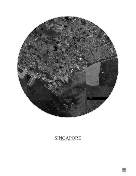 Affiche Singapore – Poster vue satellite 10km N&B | Gravura – Fond clair