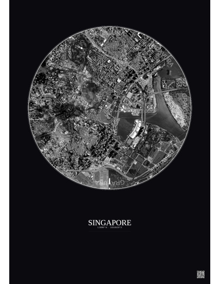 Affiche Singapore – Poster vue satellite 2.5km N&B | Gravura – Fond foncé