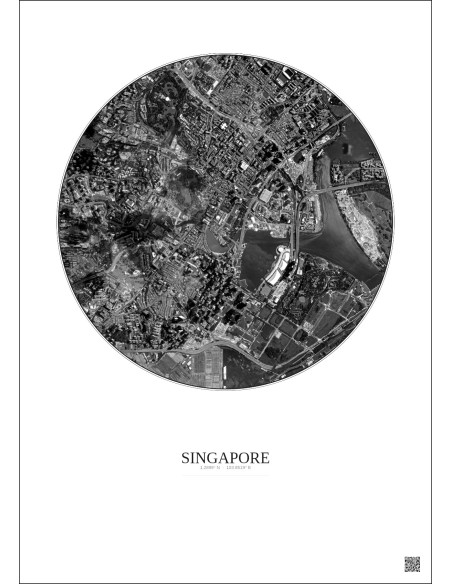 Affiche Singapore – Poster vue satellite 2.5km N&B | Gravura – Fond clair
