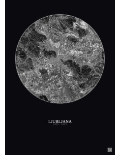 Affiche Ljubljana – Poster vue satellite 10km N&B | Gravura – Fond foncé