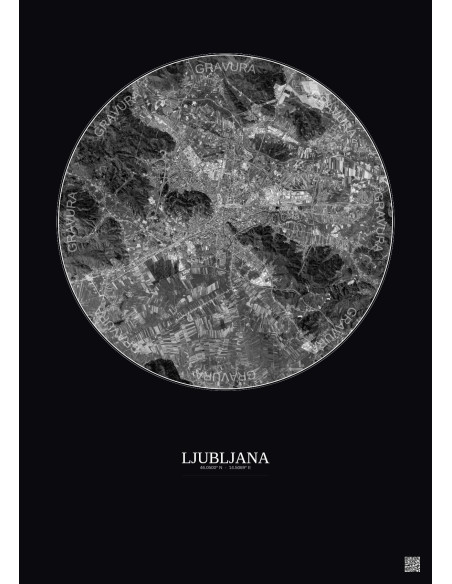 Affiche Ljubljana – Poster vue satellite 10km N&B | Gravura – Fond foncé