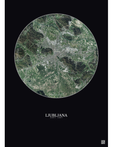 Affiche Ljubljana – Poster vue satellite 10km Couleur | Gravura – Fond foncé