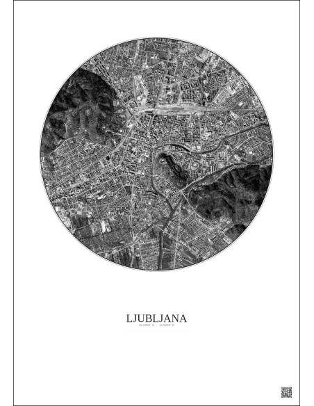 Ljubljana Satellite View Poster 2.5km B&W | Gravura – Light background