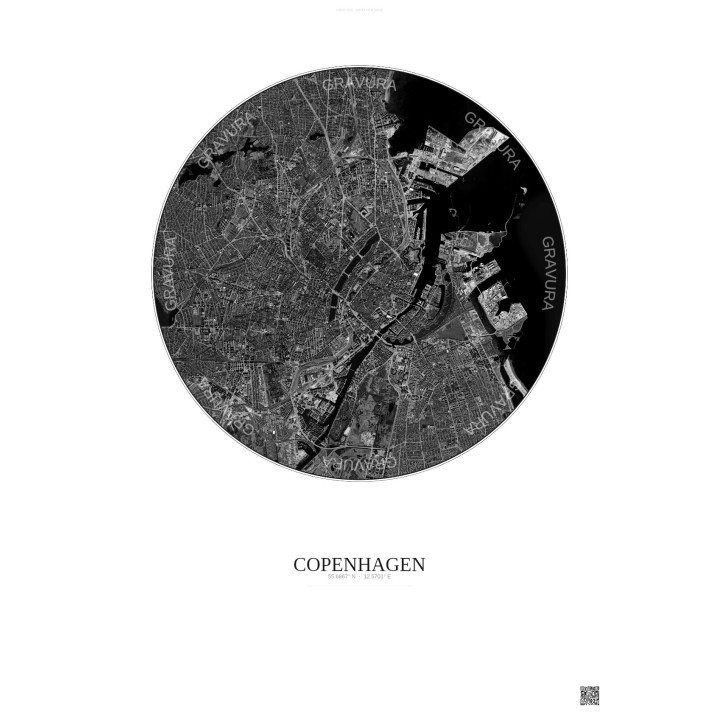 Affiche Copenhagen – Poster vue satellite 6km N&B | Gravura – Fond clair