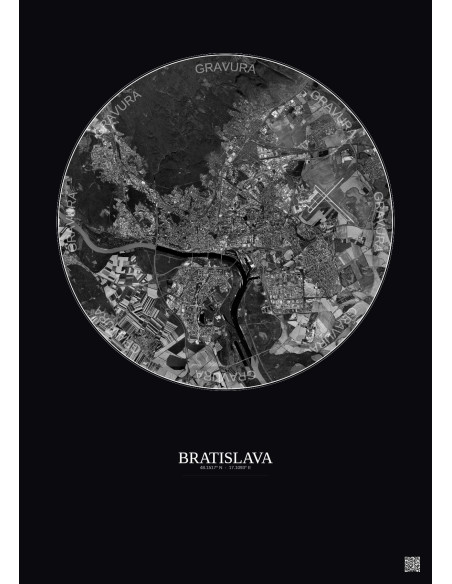 Bratislava Satellite View Poster 10km B&W | Gravura – Dark background