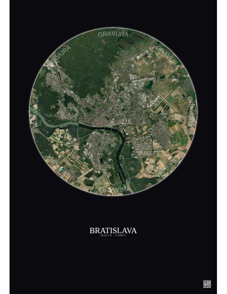 Bratislava Satellite View Poster 10km Color | Gravura – Dark background