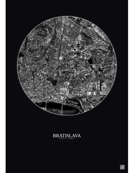 Bratislava Satellite View Poster 2.5km B&W | Gravura – Dark background