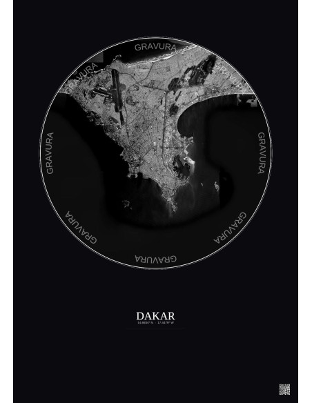Affiche Dakar – Poster vue satellite 10km N&B | Gravura – Fond foncé