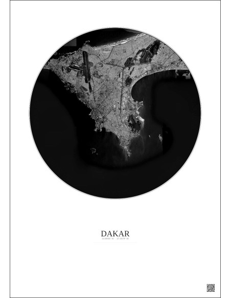 Affiche Dakar – Poster vue satellite 10km N&B | Gravura – Fond clair