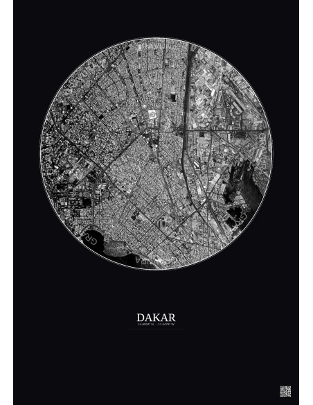 Affiche Dakar – Poster vue satellite 2.5km N&B | Gravura – Fond foncé