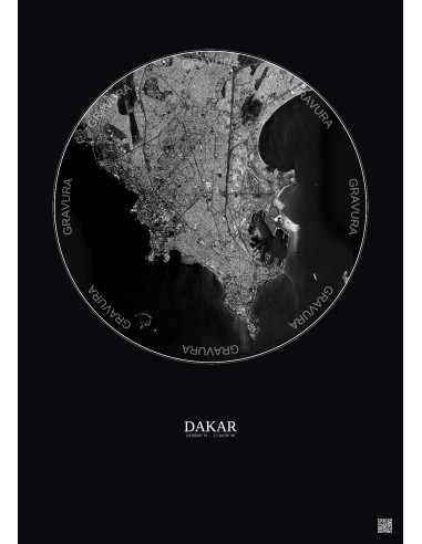 Affiche Dakar – Poster vue satellite 6km N&B | Gravura – Fond foncé