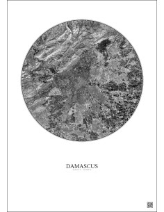 Affiche Damascus – Poster vue satellite 10km N&B | Gravura – Fond clair