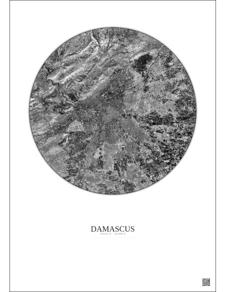 Affiche Damascus – Poster vue satellite 10km N&B | Gravura – Fond clair