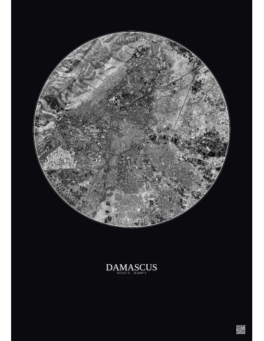 Affiche Damascus – Poster vue satellite 6km N&B | Gravura – Fond foncé