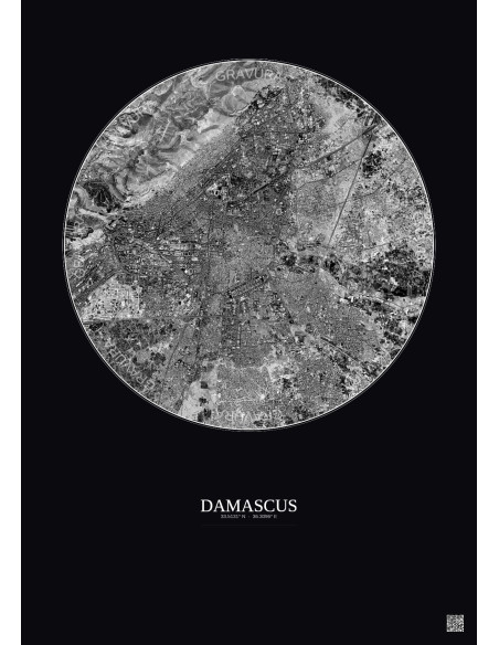 Affiche Damascus – Poster vue satellite 6km N&B | Gravura – Fond foncé