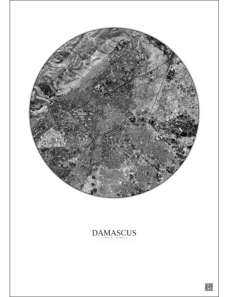 Affiche Damascus – Poster vue satellite 6km N&B | Gravura – Fond clair