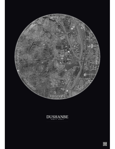 Affiche Dushanbe – Poster vue satellite 2.5km N&B | Gravura – Fond foncé