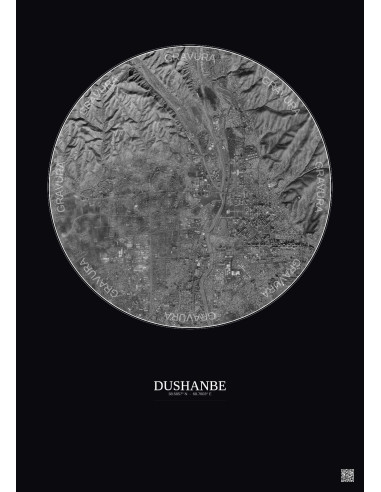 Dushanbe Satellite View Poster 6km B&W | Gravura – Dark background