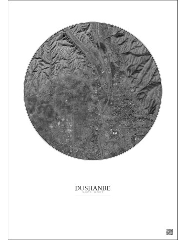 Dushanbe Satellite View Poster 6km B&W | Gravura – Light background