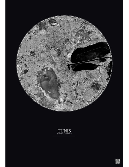 Tunis Satellite View Poster 10km B&W | Gravura – Dark background