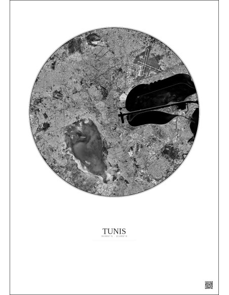 Affiche Tunis – Poster vue satellite 10km N&B | Gravura – Fond clair
