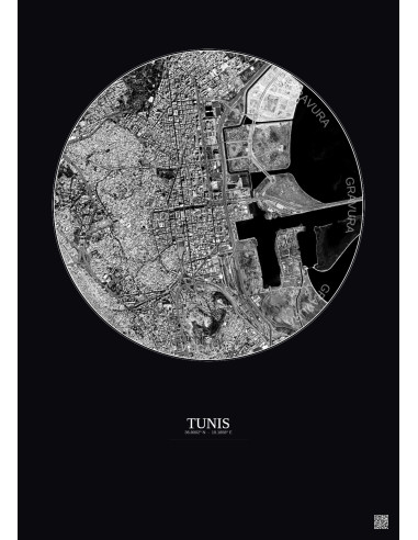 Tunis Satellite View Poster 2.5km B&W | Gravura – Dark background