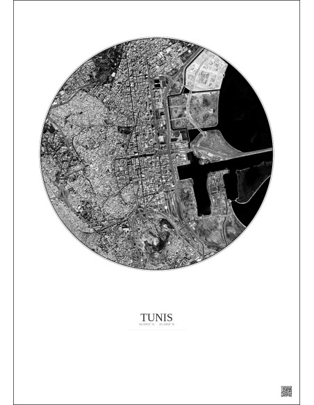 Affiche Tunis – Poster vue satellite 2.5km N&B | Gravura – Fond clair