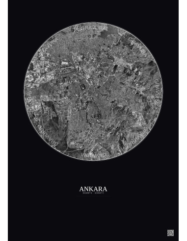 Affiche Ankara – Poster vue satellite 10km N&B | Gravura – Fond foncé
