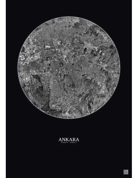 Affiche Ankara – Poster vue satellite 10km N&B | Gravura – Fond foncé